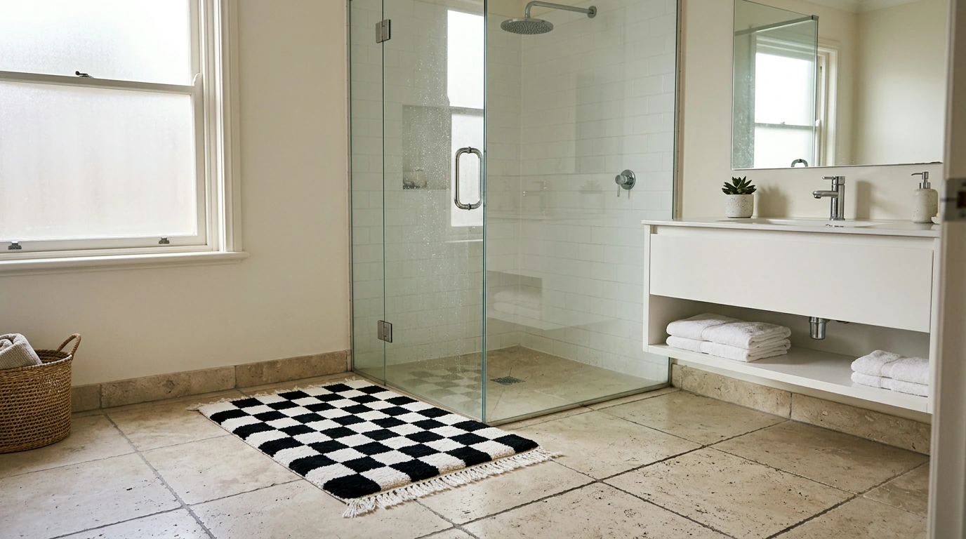 Black & White Checkered Bath Mat: Style, Grip, Care